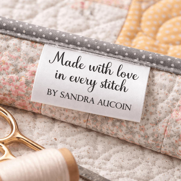 Personalized Satin Quilt Labels – Made with Love in Every Stitch – Custom Fold Over Quilt Tags (Set of 25) - Jammin Threads