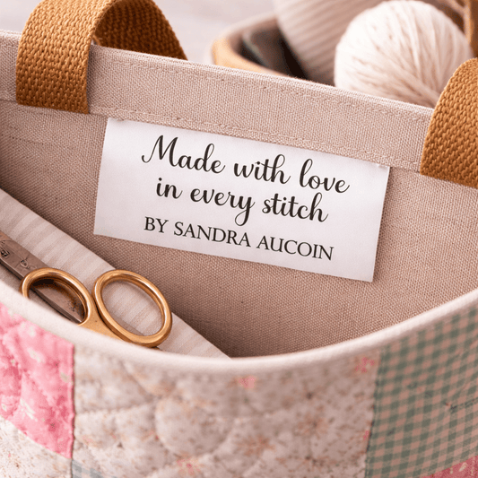 Personalized Satin Quilt Labels – Made with Love in Every Stitch – Custom Fold Over Quilt Tags (Set of 25) - Jammin Threads