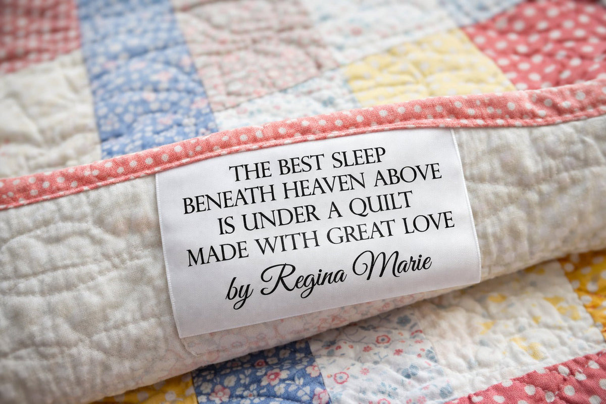 Personalized Satin Quilt Labels – The Best Sleep Beneath Heaven Above – Custom Fold Over Quilt Tags (3x1") - Jammin Threads