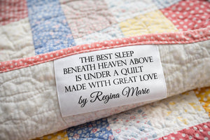 Personalized Satin Quilt Labels – The Best Sleep Beneath Heaven Above – Custom Fold Over Quilt Tags (3x1") - Jammin Threads