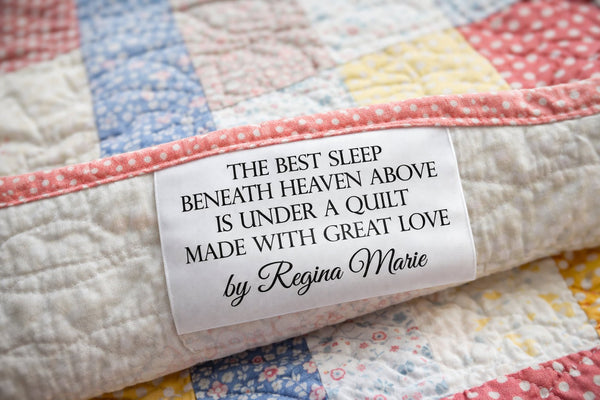 Personalized Satin Quilt Labels – The Best Sleep Beneath Heaven Above – Custom Fold Over Quilt Tags (3x1") - Jammin Threads