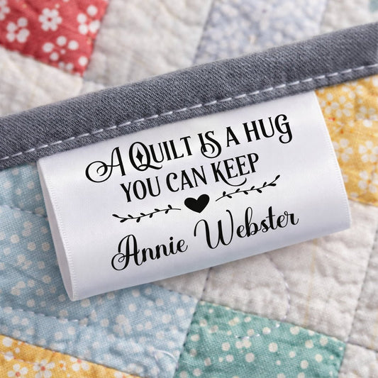Personalized Satin Quilt Tag – “A Quilt Is a Hug You Can Keep” – Custom Maker Name – Sew - In Quilt Label – 2" x 1" Folded – Set of 25 - Jammin Threads