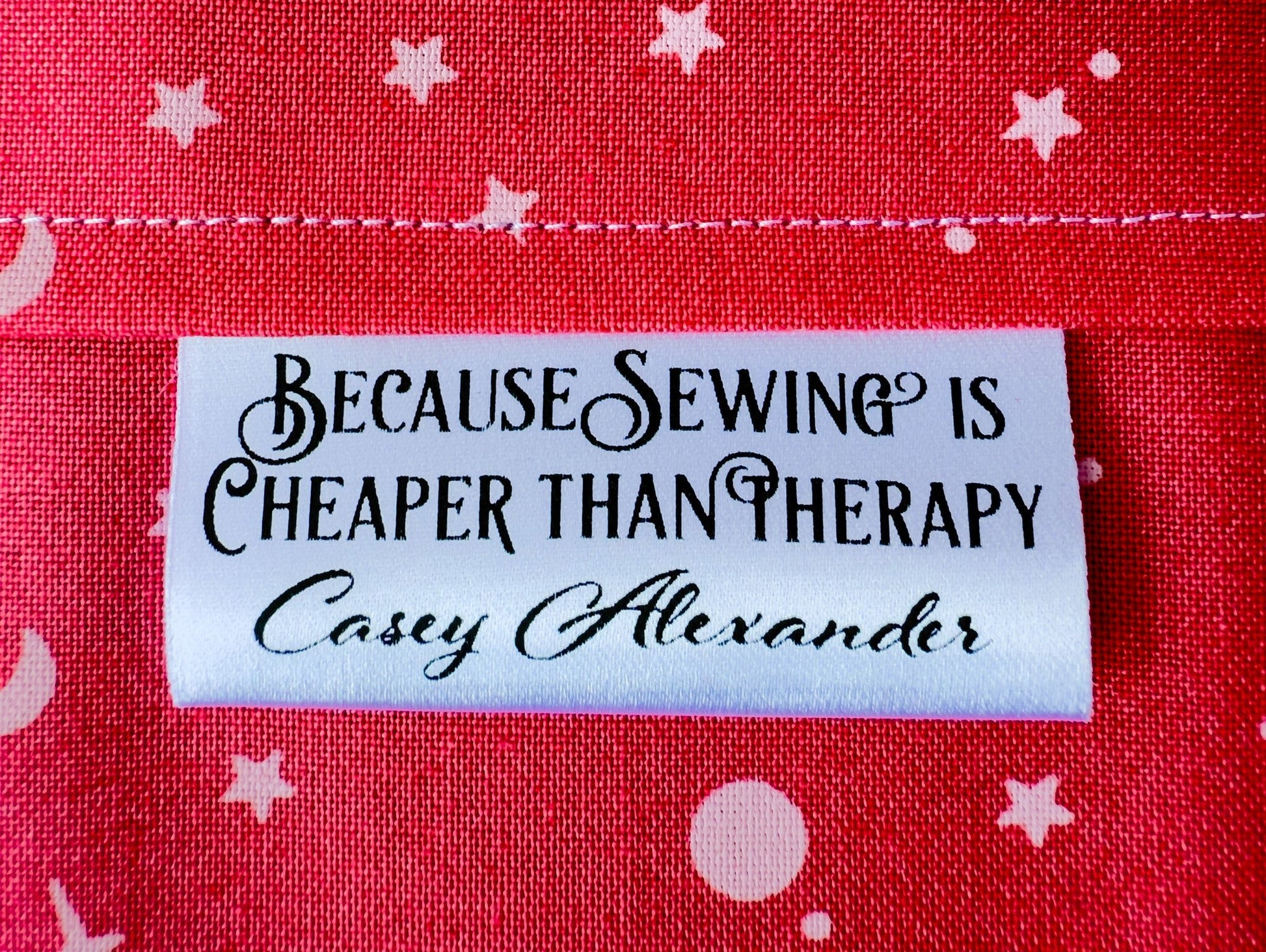 Personalized Satin Quilt Tag – “Because Sewing is Cheaper Than Therapy” (2x.1") - Jammin Threads