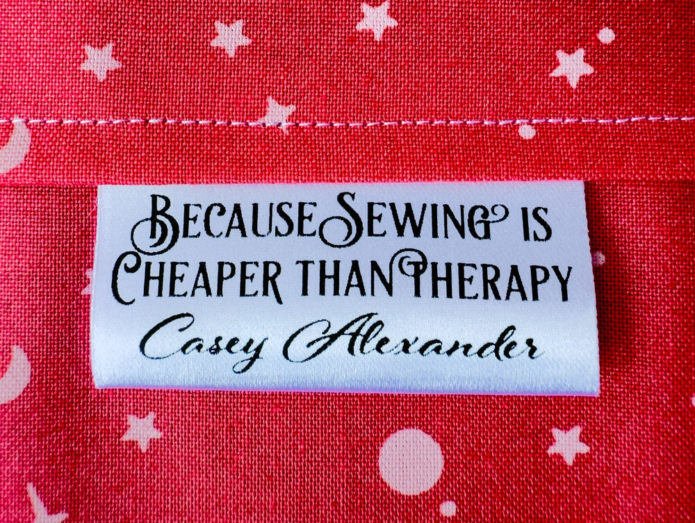 Personalized Satin Quilt Tag – “Because Sewing is Cheaper Than Therapy” (2x.1") - Jammin Threads
