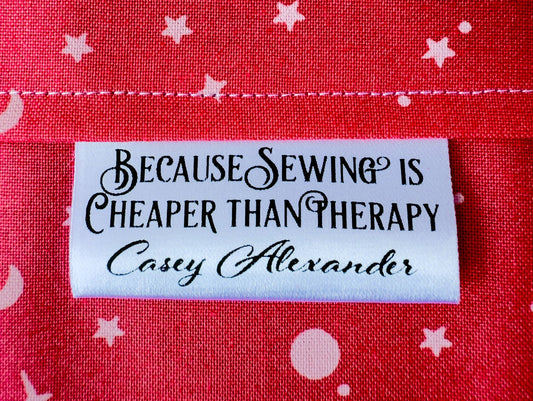 Personalized Satin Quilt Tag – “Because Sewing is Cheaper Than Therapy” (2x.1") - Jammin Threads