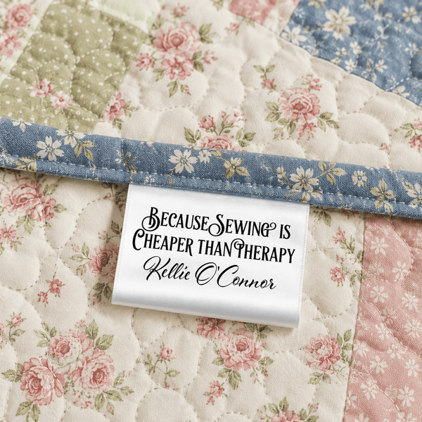 Personalized Satin Quilt Tag – “Because Sewing is Cheaper Than Therapy” (2x.1") - Jammin Threads