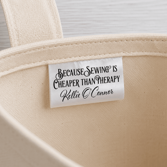 Personalized Satin Quilt Tag – “Because Sewing is Cheaper Than Therapy” (2x.1") - Jammin Threads