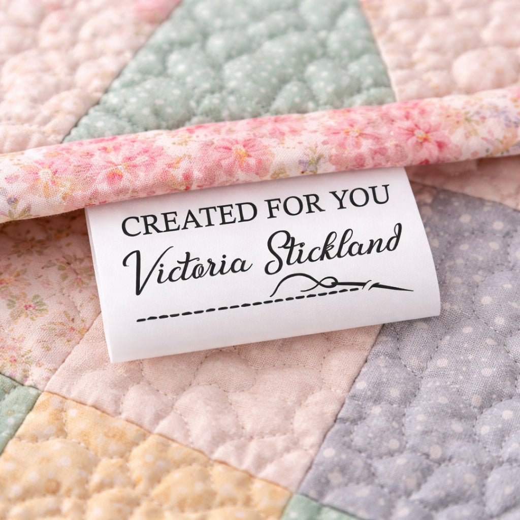 Personalized Satin Quilt Tag “Created For You” – Custom Sew - In Label with Name, Needle & Thread Design, Fold Over Quilt Label Set of 25 - Jammin Threads
