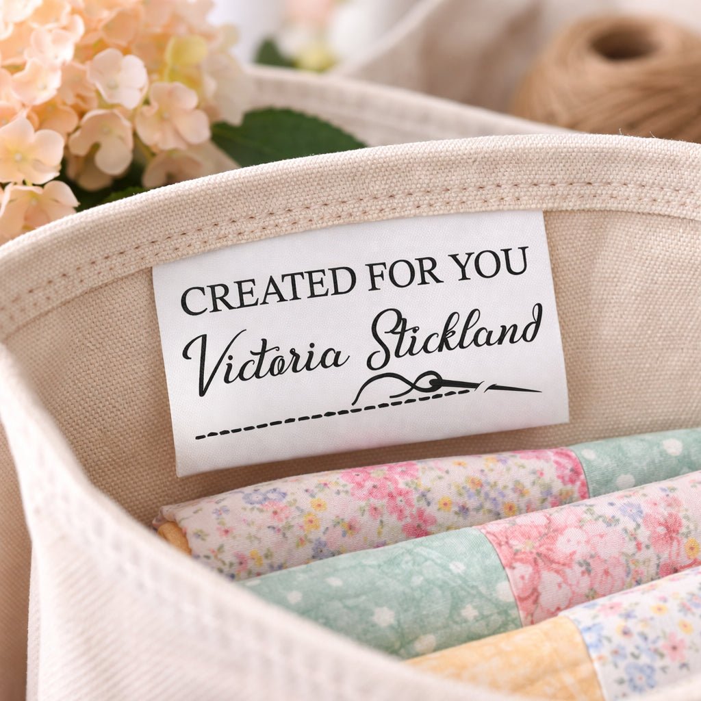 Personalized Satin Quilt Tag “Created For You” – Custom Sew - In Label with Name, Needle & Thread Design, Fold Over Quilt Label Set of 25 - Jammin Threads