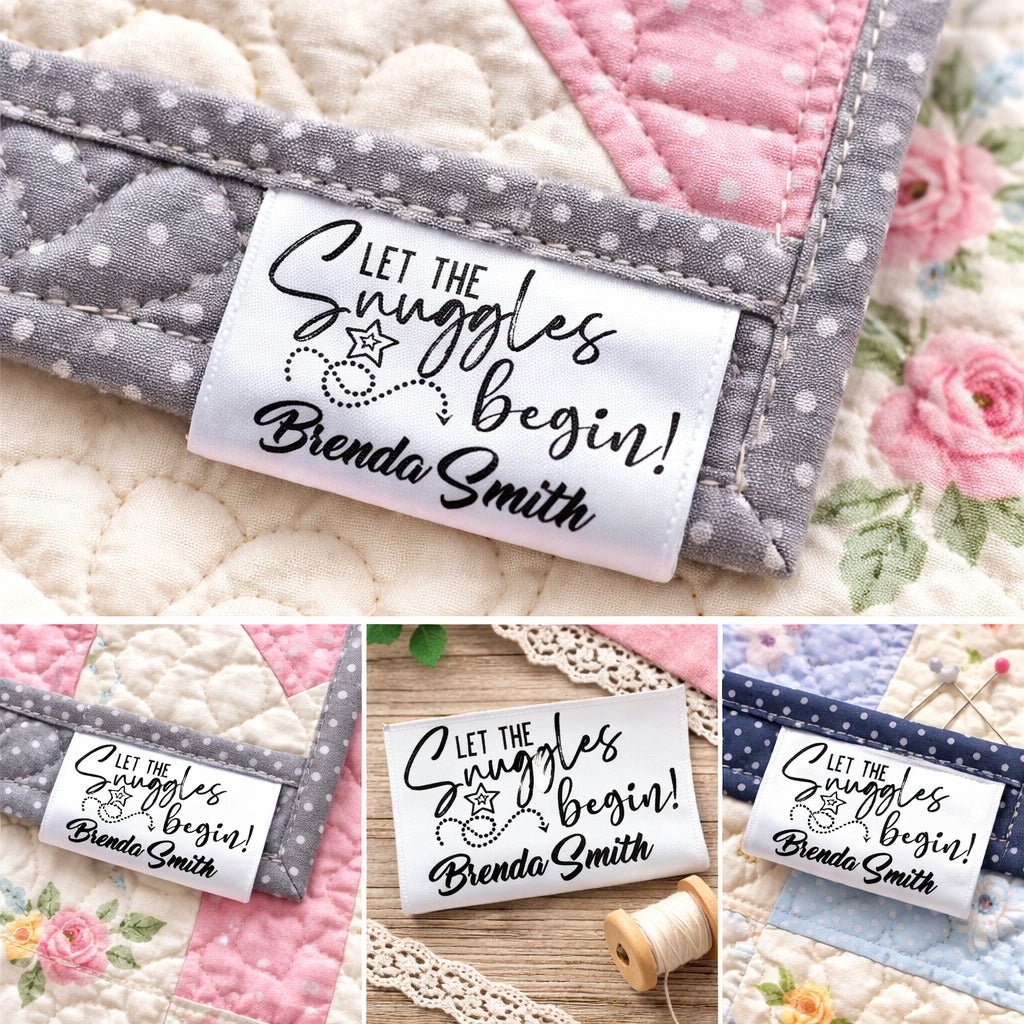 Personalized Satin Quilt Tag – “Let the Snuggles Begin” – Custom Quilt Label with Maker Name – Fold Over Sew - In Satin Tag – 2 x 1 Inch - Jammin Threads