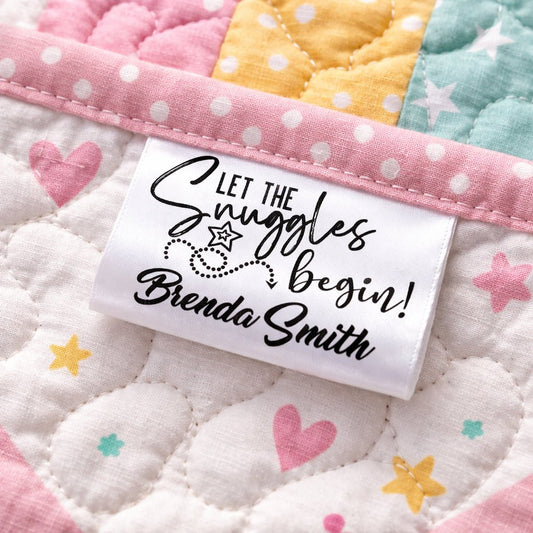 Personalized Satin Quilt Tag – “Let the Snuggles Begin” – Custom Quilt Label with Maker Name – Fold Over Sew - In Satin Tag – 2 x 1 Inch - Jammin Threads