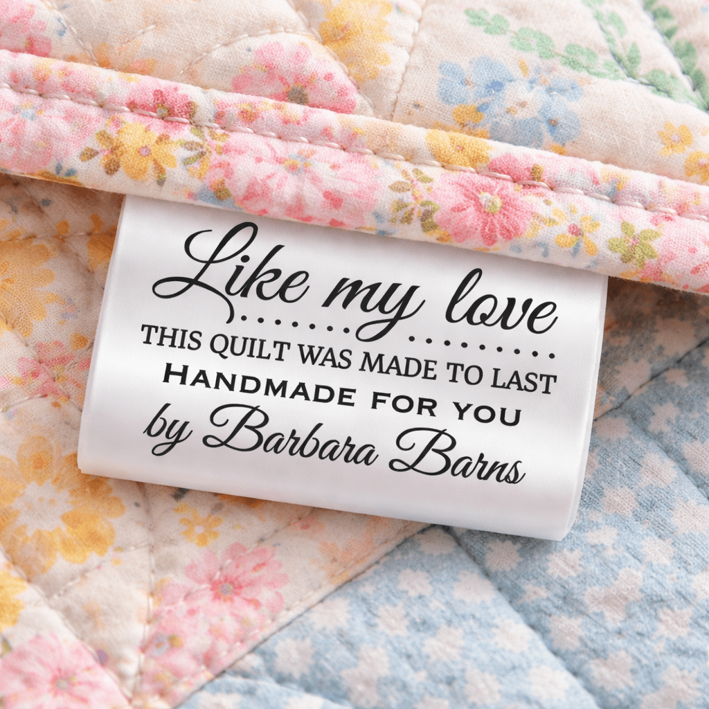 Personalized Satin Quilt Tag – “Like My Love This Quilt Was Made to Last” – Custom Sew - In Quilt Label – 25 Pack - Jammin Threads