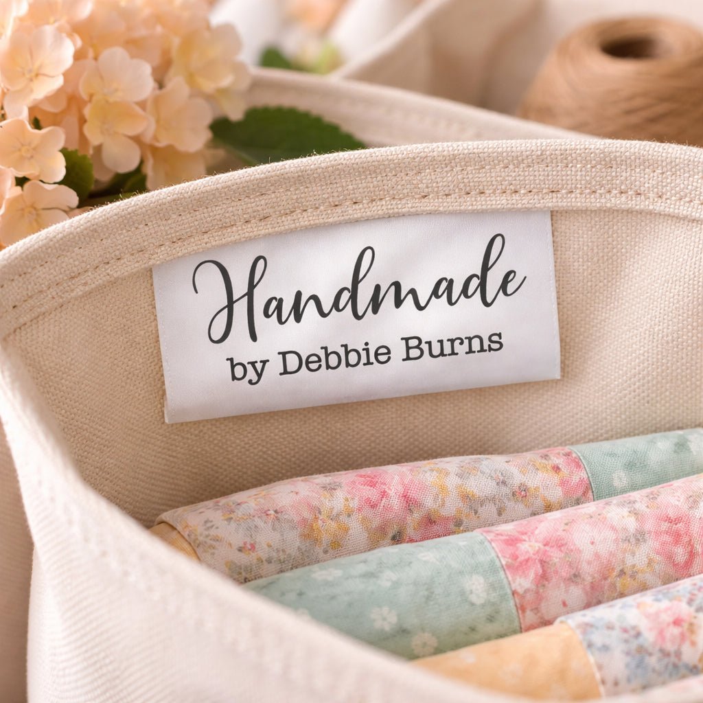 Personalized Satin Quilt Tag – Minimalist Handmade Label with Name, Custom Fold Over Sew - In Tag, 2x1 Quilt Label - Jammin Threads