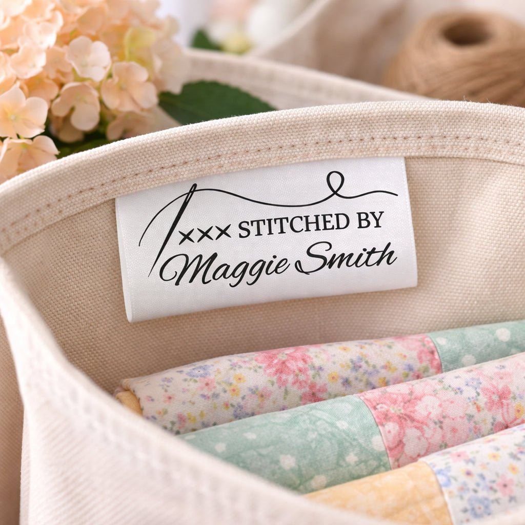 Personalized Satin Quilt Tag with Needle & Thread – “Stitched By” Custom Label, Fold Over Sew - In Quilt Label, 2x1 Tag Set of 25 - Jammin Threads