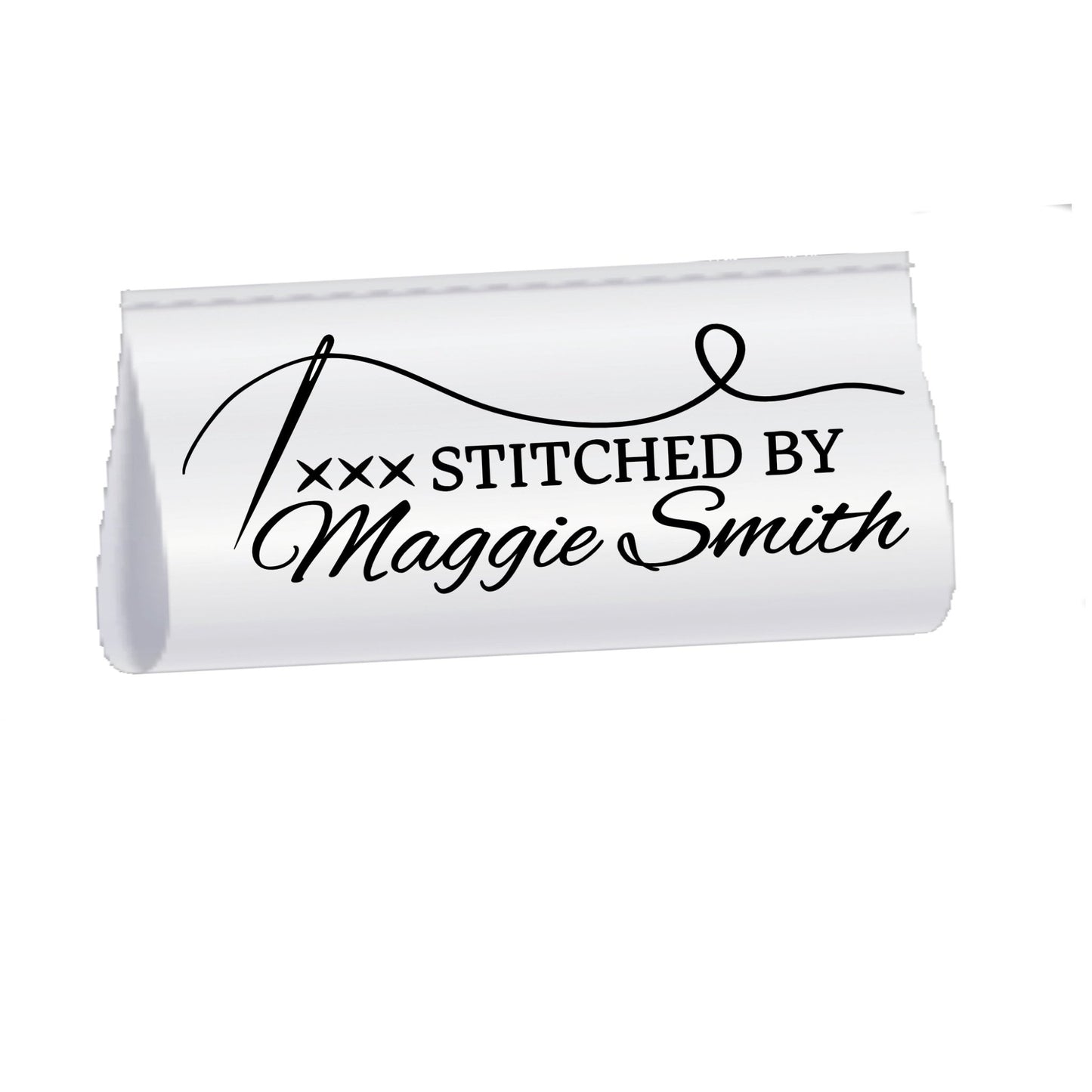 Personalized Satin Quilt Tag with Needle & Thread – “Stitched By” Custom Label, Fold Over Sew - In Quilt Label, 2x1 Tag Set of 25 - Jammin Threads