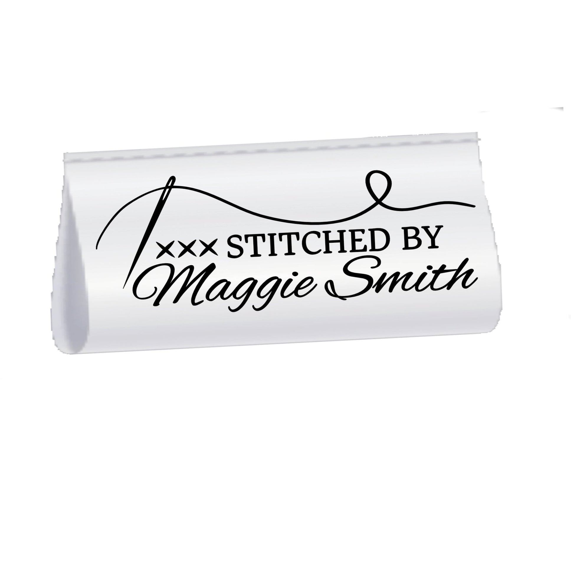 Personalized Satin Quilt Tag with Needle & Thread – “Stitched By” Custom Label, Fold Over Sew - In Quilt Label, 2x1 Tag Set of 25 - Jammin Threads