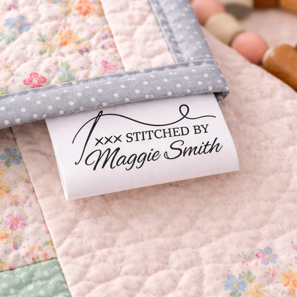 Personalized Satin Quilt Tag with Needle & Thread – “Stitched By” Custom Label, Fold Over Sew - In Quilt Label, 2x1 Tag Set of 25 - Jammin Threads