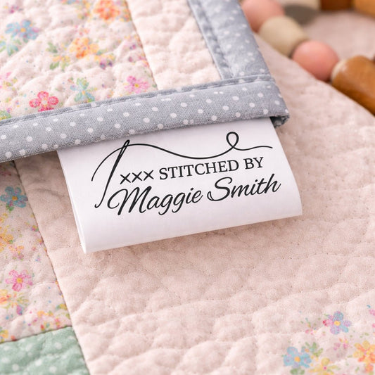 Personalized Satin Quilt Tag with Needle & Thread – “Stitched By” Custom Label, Fold Over Sew - In Quilt Label, 2x1 Tag Set of 25 - Jammin Threads