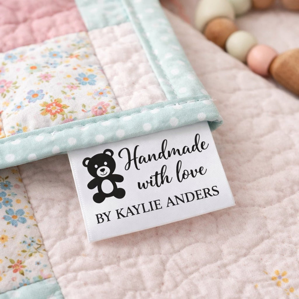 Personalized Satin Quilt Tag with Teddy Bear – Handmade with Love Label, Custom Sew - In Tag with Name, Fold Over Quilt Label - Jammin Threads