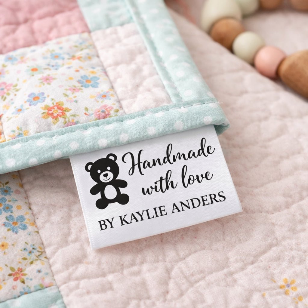 Personalized Satin Quilt Tag with Teddy Bear – Handmade with Love Label, Custom Sew - In Tag with Name, Fold Over Quilt Label - Jammin Threads