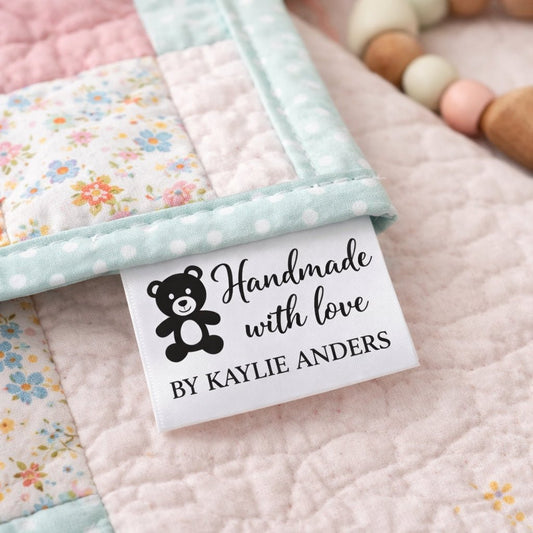 Personalized Satin Quilt Tag with Teddy Bear – Handmade with Love Label, Custom Sew - In Tag with Name, Fold Over Quilt Label - Jammin Threads
