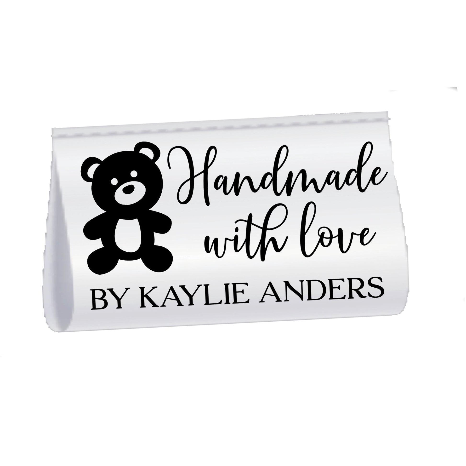 Personalized Satin Quilt Tag with Teddy Bear – Handmade with Love Label, Custom Sew - In Tag with Name, Fold Over Quilt Label - Jammin Threads