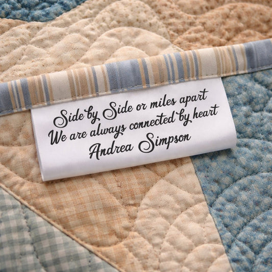 Personalized Satin Quilt Tags “Connected by Heart” – Custom Sew - In Quilt Label with Maker Name – 3" Folded Tag – Set of 25 - Jammin Threads