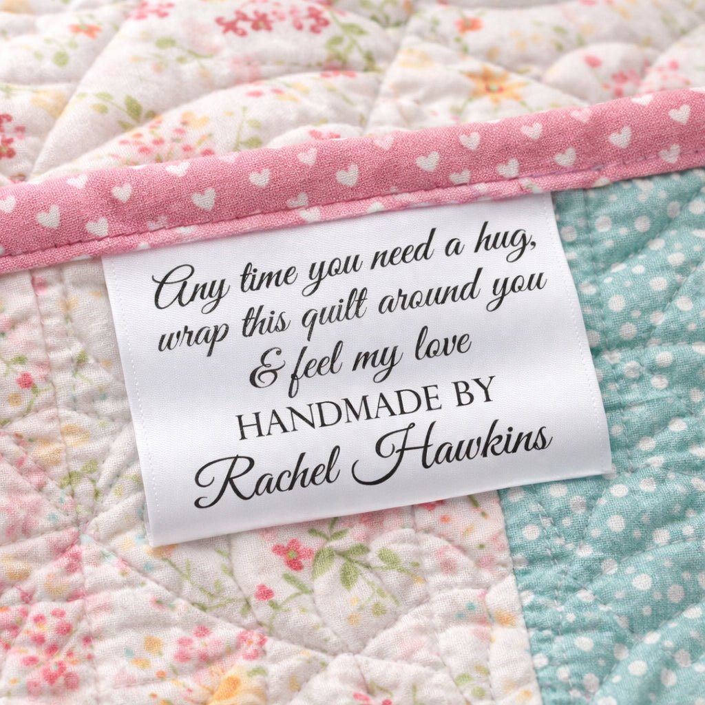 Personalized Satin Quilt Tags – “Feel My Love” Quilt Label – Custom Handmade By Name – Sew - In Quilt Tags – Set of 25 - Jammin Threads