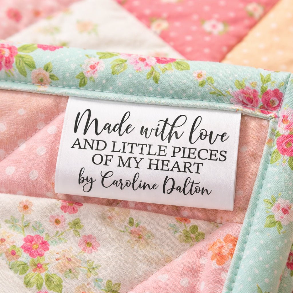 Personalized Satin Quilt Tags – Made with Love and Little Pieces of My Heart | Custom Maker Name | Sets of 25 - Jammin Threads