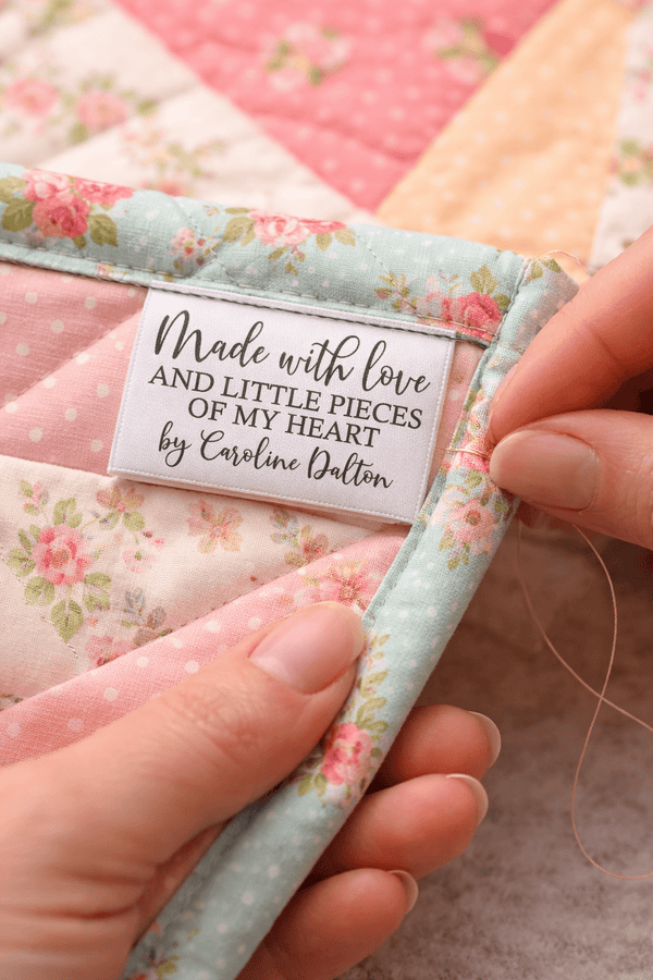 Personalized Satin Quilt Tags – Made with Love and Little Pieces of My Heart | Custom Maker Name | Sets of 25 - Jammin Threads