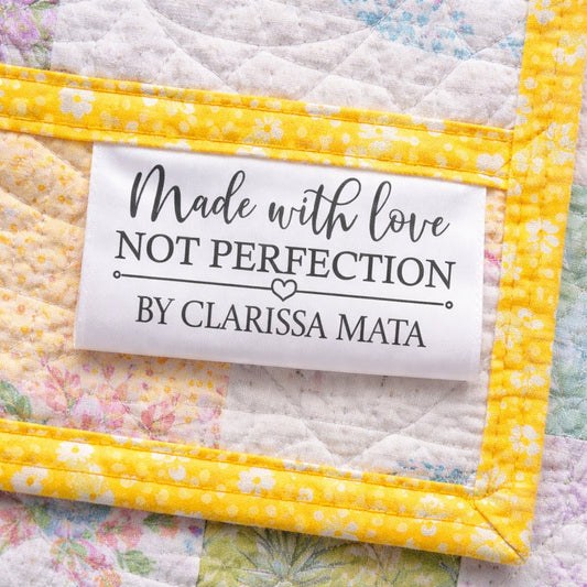 Personalized Satin Quilt Tags – Made With Love Not Perfection – Custom Sewing Labels – Set of 25 Fold Over Quilt Labels - Jammin Threads