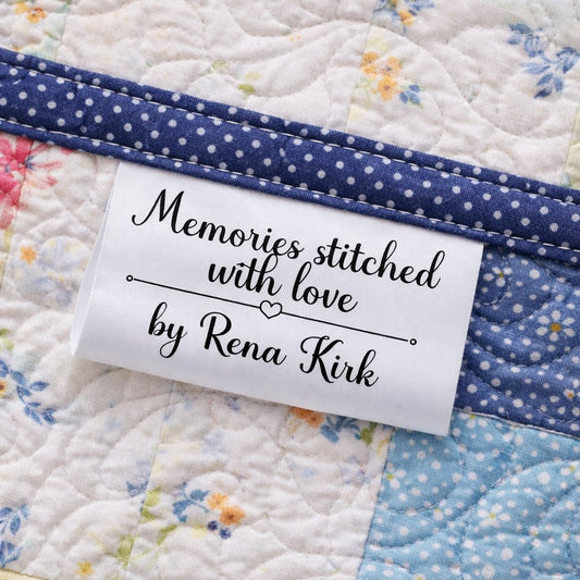 Personalized Satin Quilt Tags – Memories Stitched With Love – Custom Quilt Maker Labels – Fold Over Sew - In Quilt Tags – Set of 25 - Jammin Threads