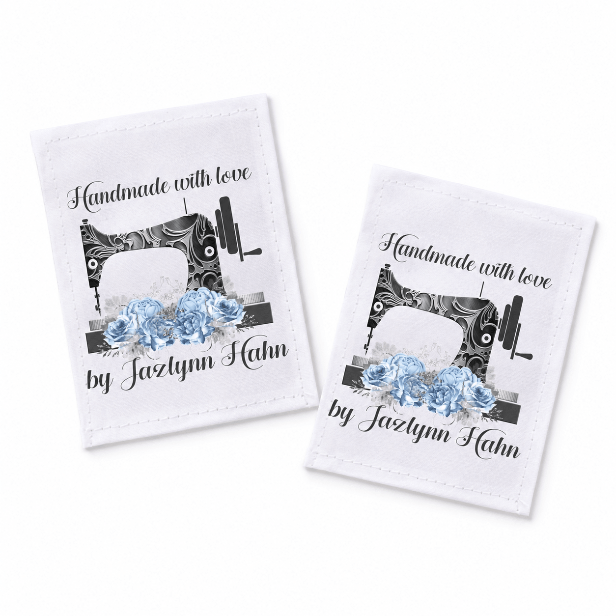 Personalized Sewing Machine Blue Floral Quilt Label | Custom Handmade Fabric Label - Jammin Threads