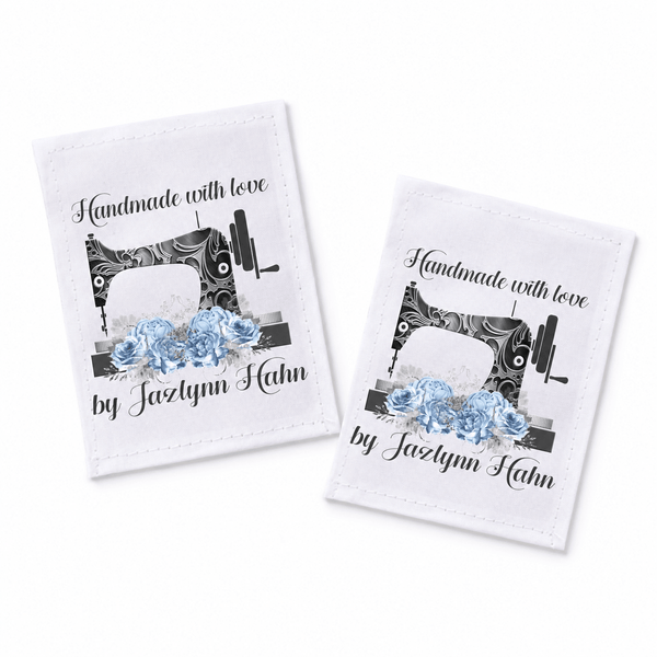 Personalized Sewing Machine Blue Floral Quilt Label | Custom Handmade Fabric Label - Jammin Threads