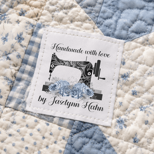 Personalized Sewing Machine Blue Floral Quilt Label | Custom Handmade Fabric Label - Jammin Threads