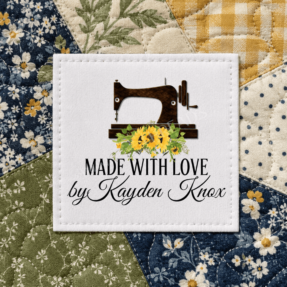 Personalized Sewing Machine Sunflower Quilt Label | Custom Handmade By Fabric Label - Jammin Threads