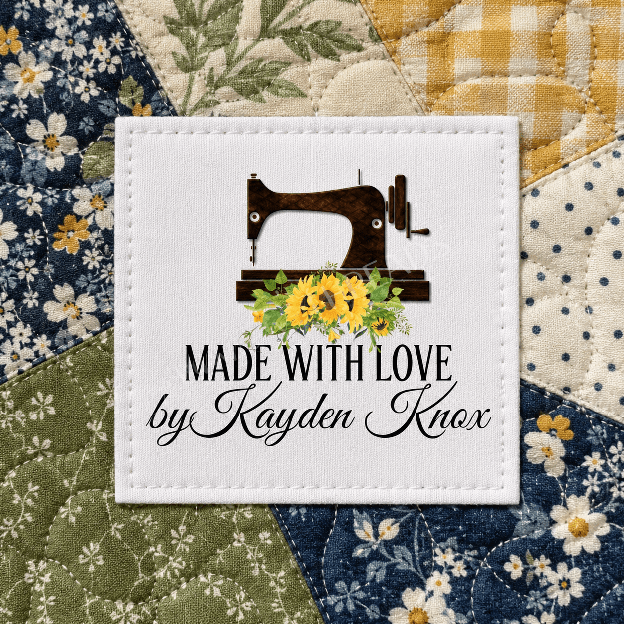 Personalized Sewing Machine Sunflower Quilt Label | Custom Handmade By Fabric Label - Jammin Threads