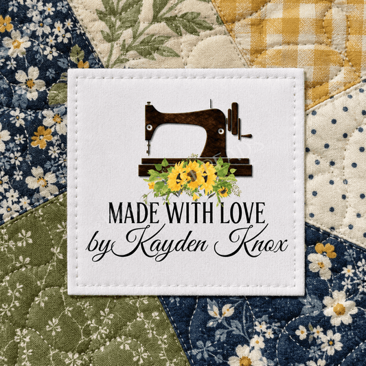 Personalized Sewing Machine Sunflower Quilt Label | Custom Handmade By Fabric Label - Jammin Threads