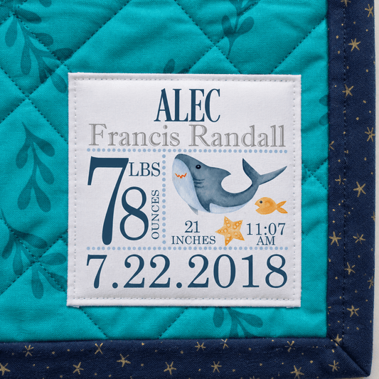 Personalized Shark Baby Quilt Label – Birth Announcement Quilt Label - Jammin Threads