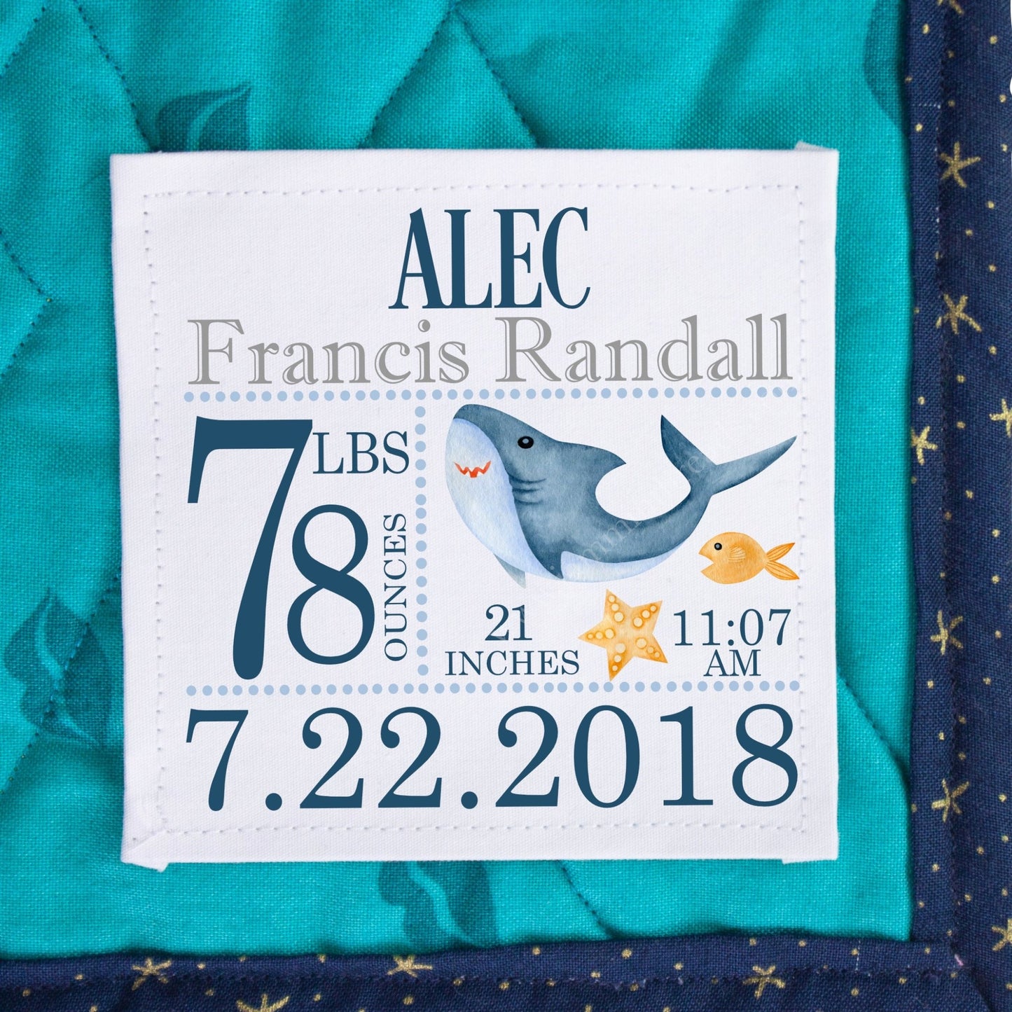 Personalized Shark Baby Quilt Label – Birth Announcement Quilt Label - Jammin Threads