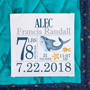Personalized Shark Baby Quilt Label – Birth Announcement Quilt Label - Jammin Threads