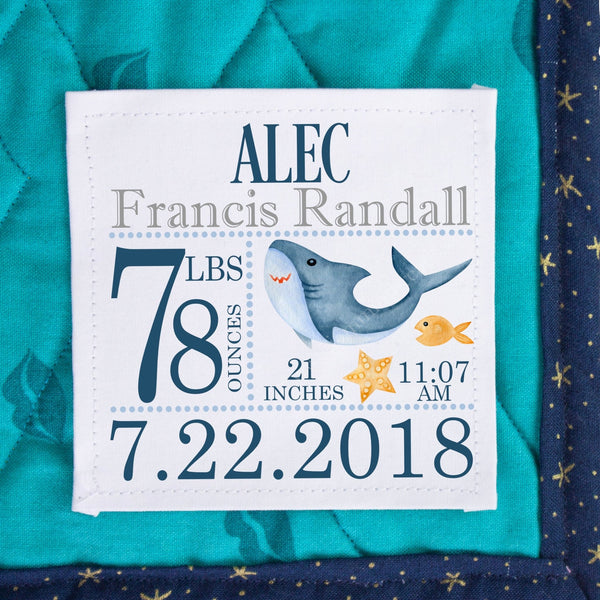 Personalized Shark Baby Quilt Label – Birth Announcement Quilt Label - Jammin Threads