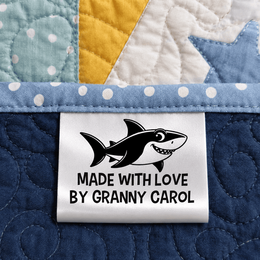 Personalized Shark Satin Quilt Labels – “Made With Love” Custom Sewing Tags for Quilts, Blankets & Handmade Gifts - Jammin Threads