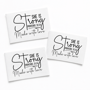 Personalized She Is Strong Quilt Label – Proverbs 31:25 - 2.75 x 2.25" - Jammin Threads