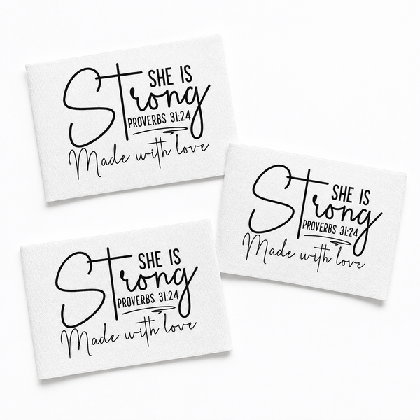 Personalized She Is Strong Quilt Label – Proverbs 31:25 - 2.75 x 2.25" - Jammin Threads