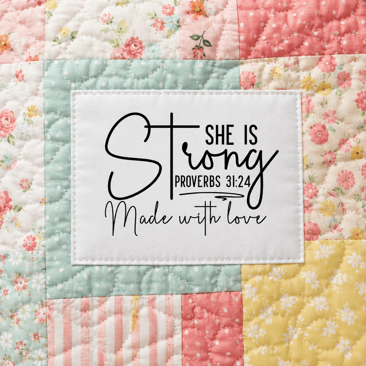 Personalized She Is Strong Quilt Label – Proverbs 31:25 - 2.75 x 2.25" - Jammin Threads