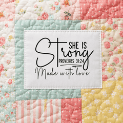 Personalized She Is Strong Quilt Label – Proverbs 31:25 - 2.75 x 2.25" - Jammin Threads