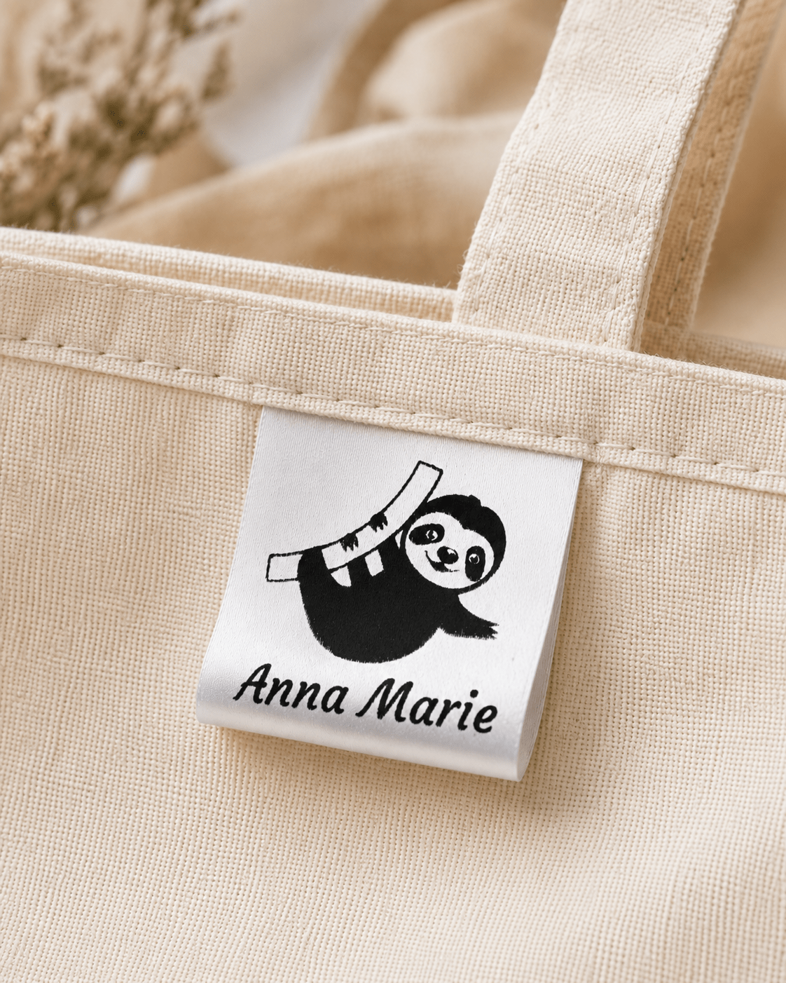 Personalized Sloth Satin Quilt Tag – 1" x 1" Fold Over Sewing Label with Maker Name - Jammin Threads