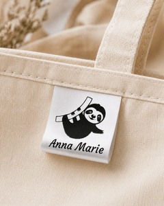 Personalized Sloth Satin Quilt Tag – 1" x 1" Fold Over Sewing Label with Maker Name - Jammin Threads