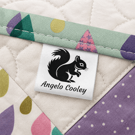 Personalized Squirrel Satin Quilt Label – Custom Name Sew - In Tag | Woodland Animal Quilt Tag | 1” x 1” Fold - Over Label - Jammin Threads